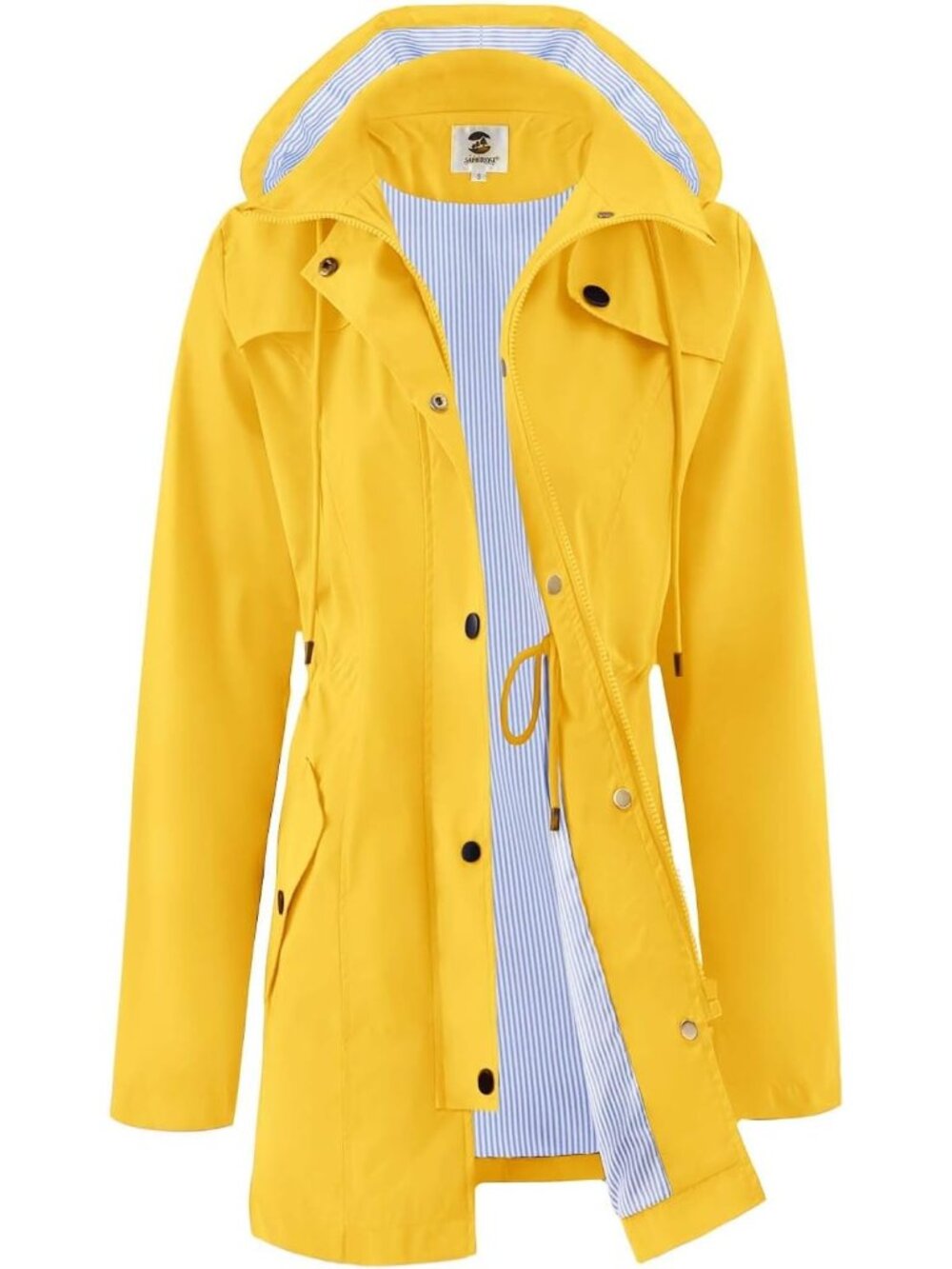 Women's Yellow Hooded Snap Pockets Drawstring Waist Waterproof Trench Rain Coat